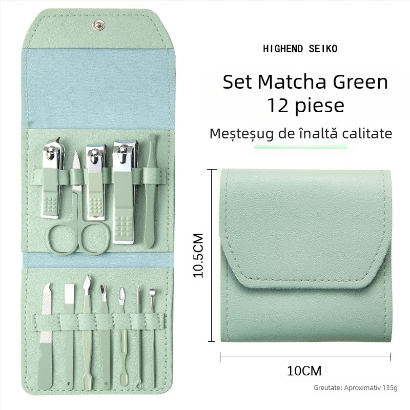 Set 16 piese pentru manichiură și pedichiură, cu husă pliabilă, din oțel carbon