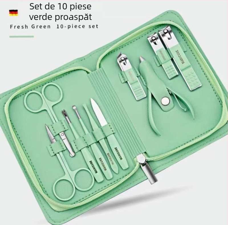 Set de instrumente pentru manichiură din oțel inoxidabil, 12 piese, clește de unghii cu unghi, portabil pentru uz casnic