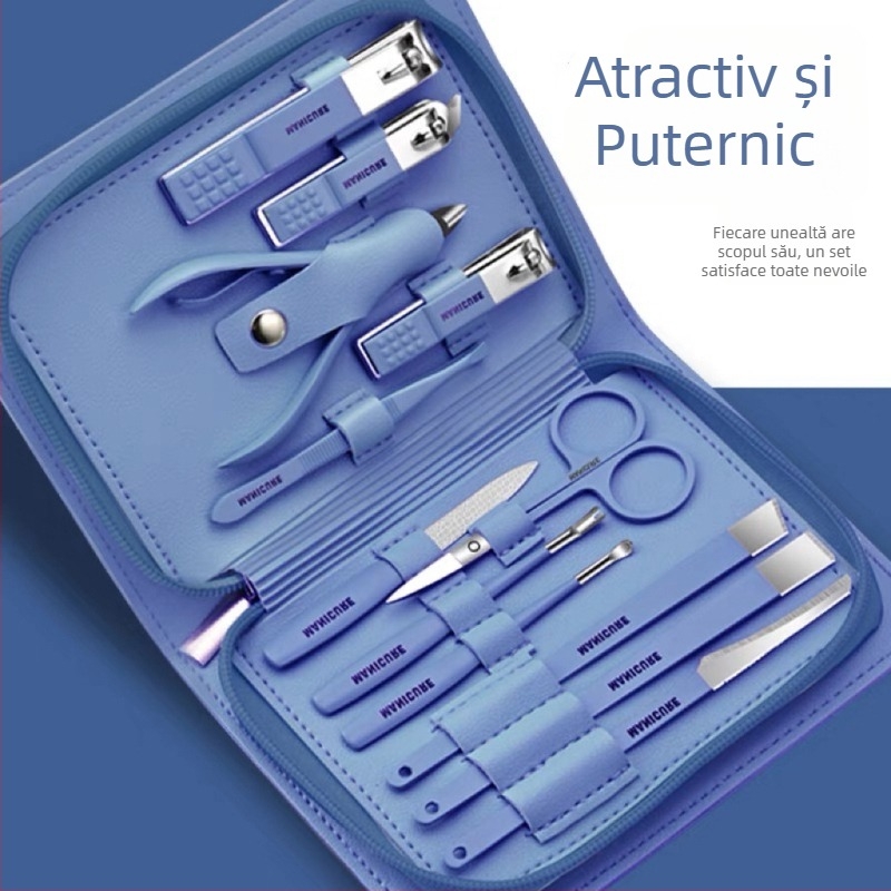 Set de instrumente pentru manichiură din oțel inoxidabil, 12 piese, clește de unghii cu unghi, portabil pentru uz casnic