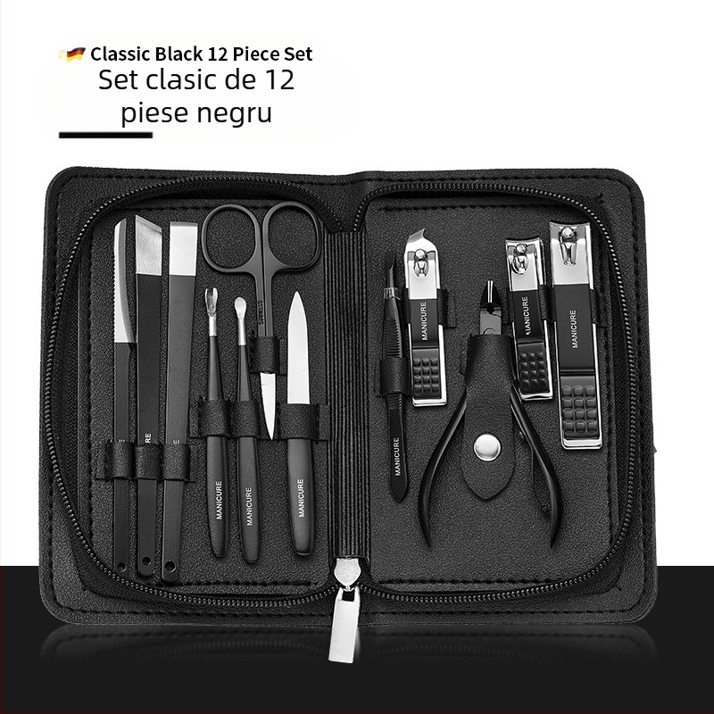 Set de instrumente pentru manichiură din oțel inoxidabil, 12 piese, clește de unghii cu unghi, portabil pentru uz casnic