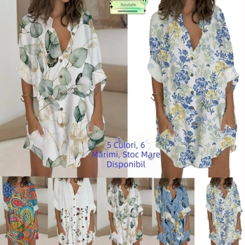 Rochie cu imprimeu floral, guler înalt, mâneci lungi, poliester, fustă midi asimetrică