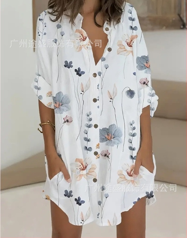 Rochie cu imprimeu floral, guler înalt, mâneci lungi, poliester, fustă midi asimetrică