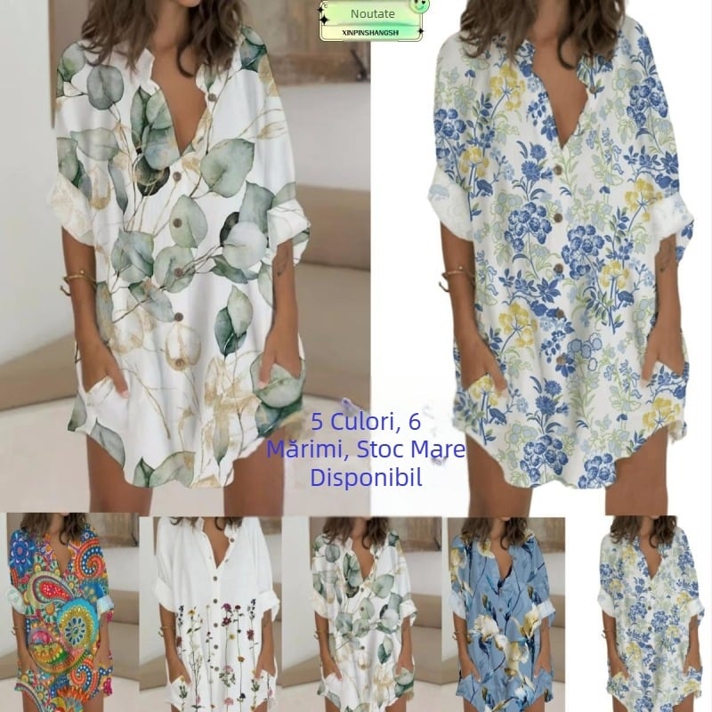 Rochie cu imprimeu floral, guler înalt, mâneci lungi, poliester, fustă midi asimetrică