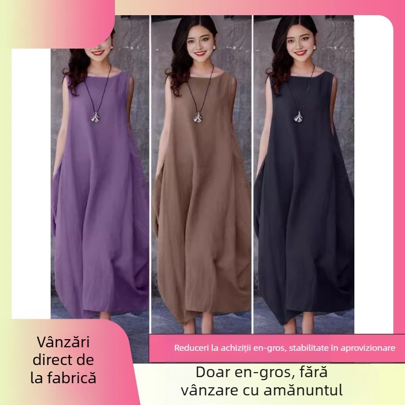 Rochie femei fără mâneci, midi, în A-line, cu guler polo, poliester, talie liberă