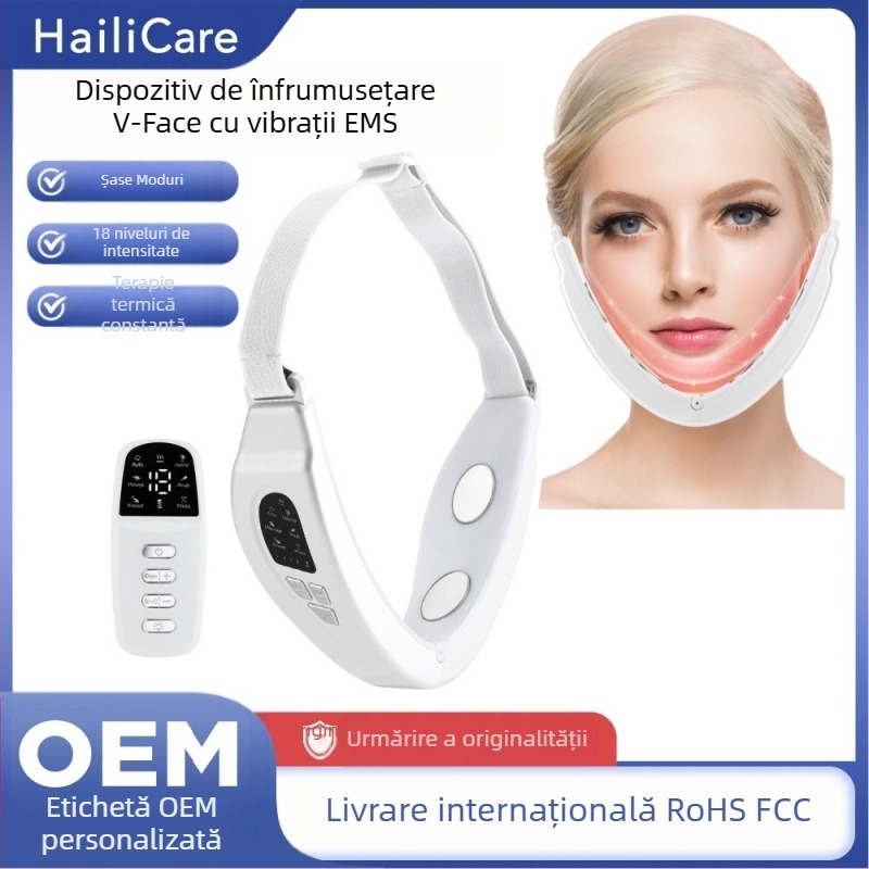 Dispozitiv facial cu EMS, control de la distanță pentru ridicare și fermitate a feței în formă de V; funcții: ioni negativi, infraroșu și lumină colorată; baterie încorporată 300–500 mAh; IPX4 rezistent la apă.