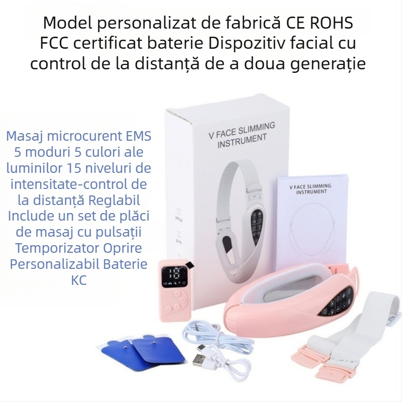 Dispozitiv facial cu EMS, control de la distanță pentru ridicare și fermitate a feței în formă de V; funcții: ioni negativi, infraroșu și lumină colorată; baterie încorporată 300–500 mAh; IPX4 rezistent la apă.