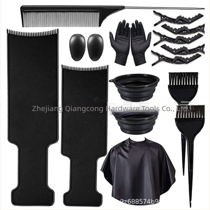 Set de colorare păr cu foarfecă plată și foarfecă de thinning (30 dinți), placă de colorare, pensulă, mănuși, dopuri pentru urechi și eșarfă; dinți 30, interval de thinning 25-30, greutate 350 g