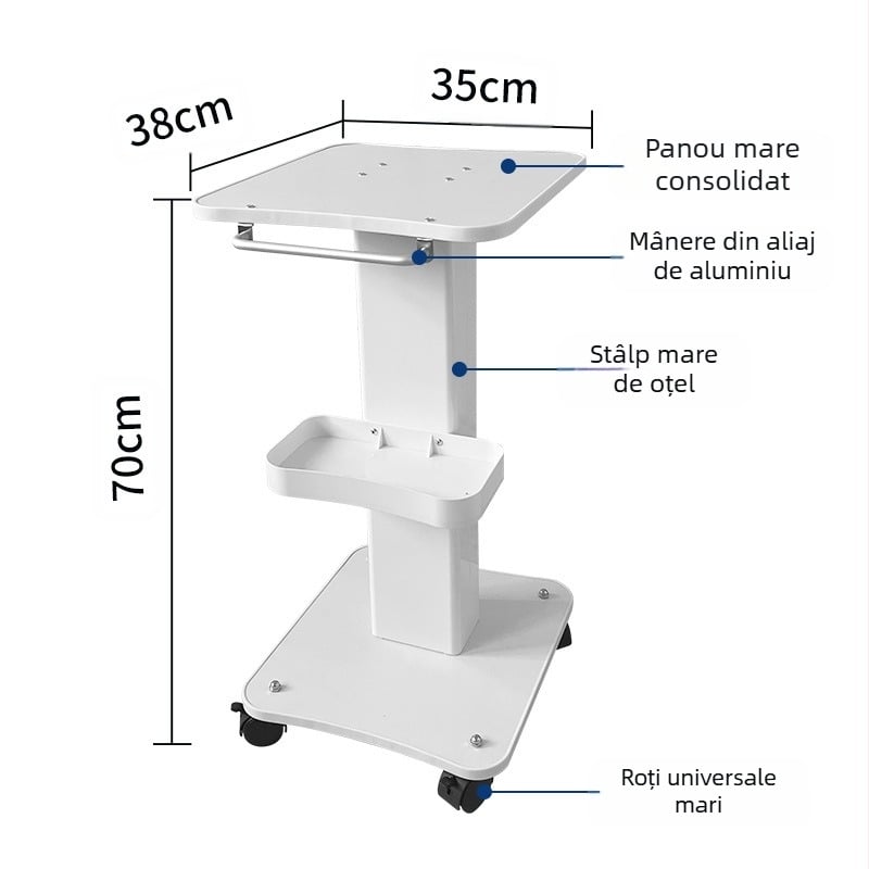Carucior staționar pentru instrumente de înfrumusețare, destinat saloanelor comerciale, raft de depozitare pe bază, IPX0, fără baterie încorporată