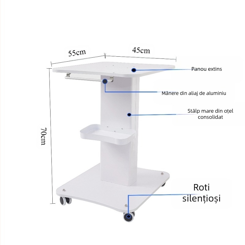 Carucior staționar pentru instrumente de înfrumusețare, destinat saloanelor comerciale, raft de depozitare pe bază, IPX0, fără baterie încorporată