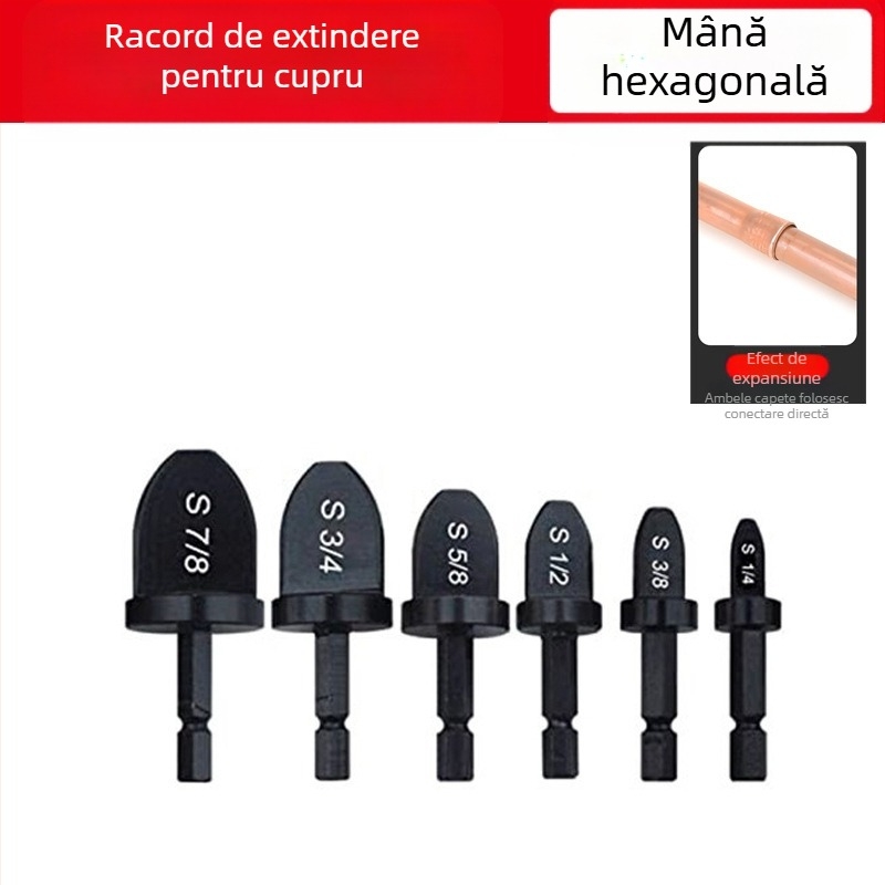 Set extensor țevi din cupru/aluminiu pentru burghiu – 6 piese, ax hexagonal, corp din oțel carbon