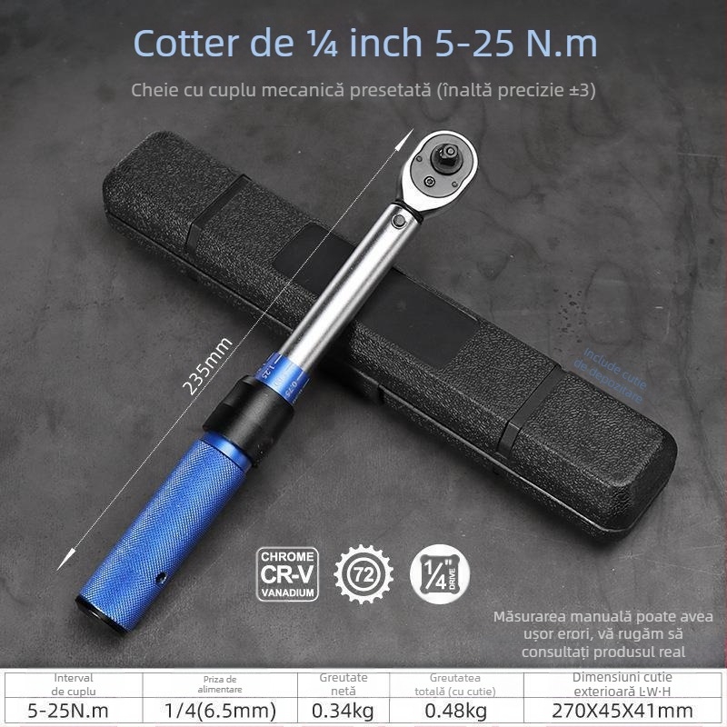 Cheie dinamometrică reglabilă cu mâner ușor, din oțel crom-vanadiu, precizie ±3%, pentru bujii auto și motociclete