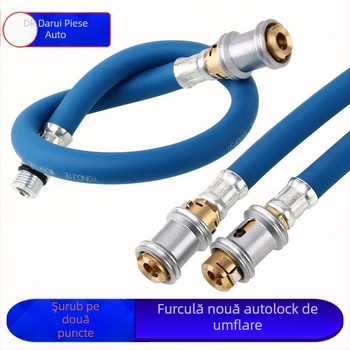 Cuplă pentru valve auto cu duză de aer cu blocare, furtun de umflare, manometru pentru presiunea pneurilor și țeavă extindere aer