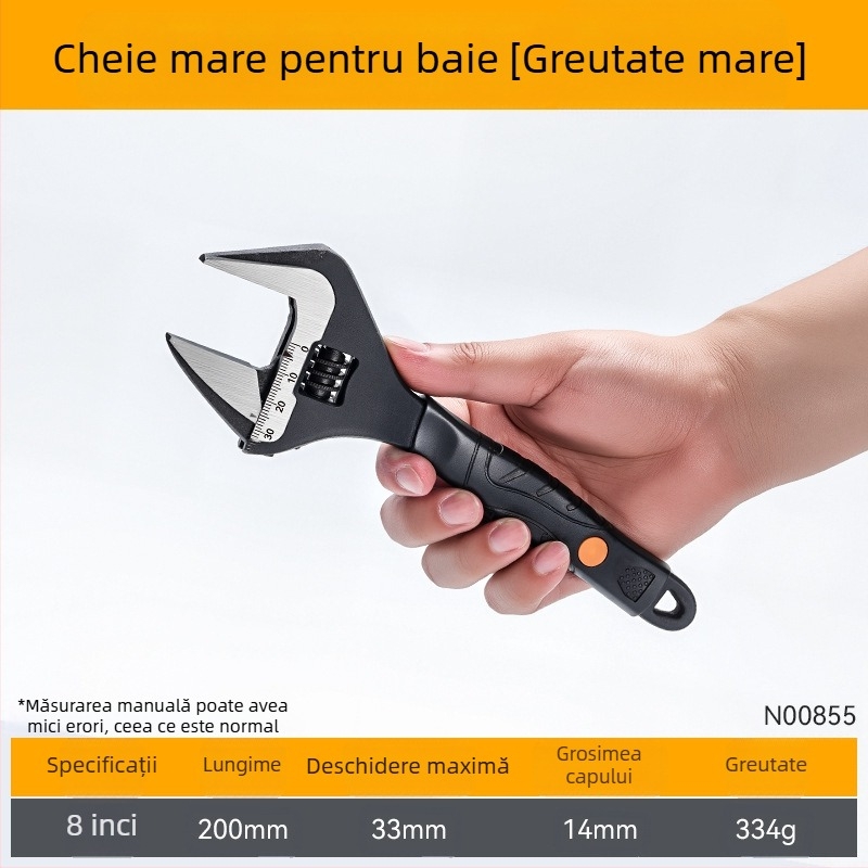 Cheie reglabilă universală, din oțel crom-vanadiu, pentru spații înguste, cu mâner scurt, pentru uz casnic și în baie