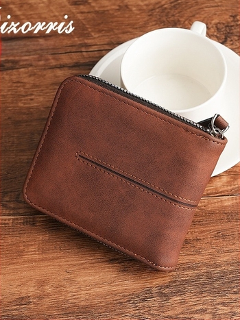 Portofel masculin cu fermoar, format orizontal scurt, buzunar pentru monede, compartiment extensibil, material PU