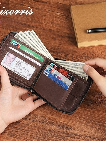 Portofel masculin cu fermoar, format orizontal scurt, buzunar pentru monede, compartiment extensibil, material PU