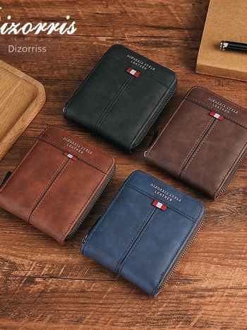 Portofel masculin cu fermoar, format orizontal scurt, buzunar pentru monede, compartiment extensibil, material PU