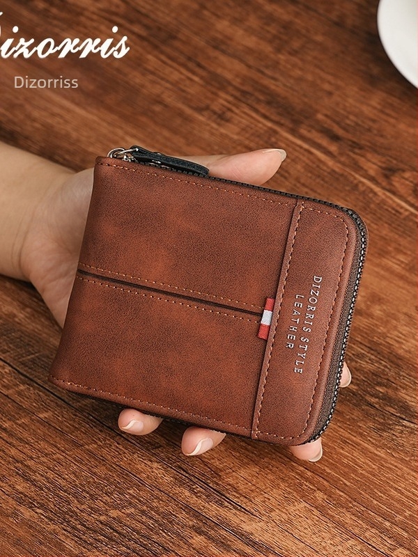 Portofel masculin cu fermoar, format orizontal scurt, buzunar pentru monede, compartiment extensibil, material PU