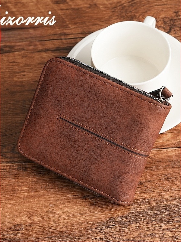 Portofel masculin cu fermoar, format orizontal scurt, buzunar pentru monede, compartiment extensibil, material PU