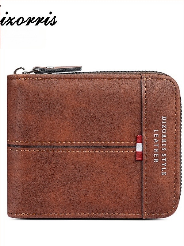 Portofel masculin cu fermoar, format orizontal scurt, buzunar pentru monede, compartiment extensibil, material PU