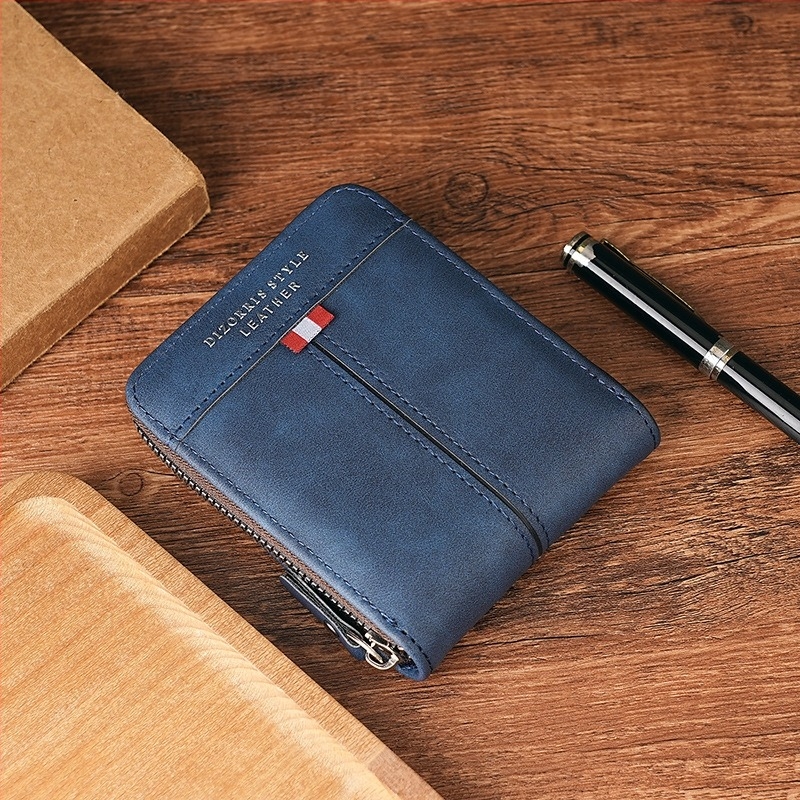 Portofel masculin cu fermoar, format orizontal scurt, buzunar pentru monede, compartiment extensibil, material PU