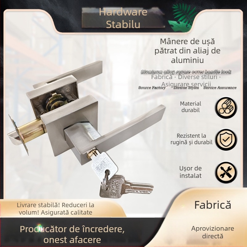 Încuietoare de ușă cu mâner din aliaj de aluminiu – capac pătrat, construcție robustă, încuietoare cu trei poli, pentru ușile de la dormitor și baie