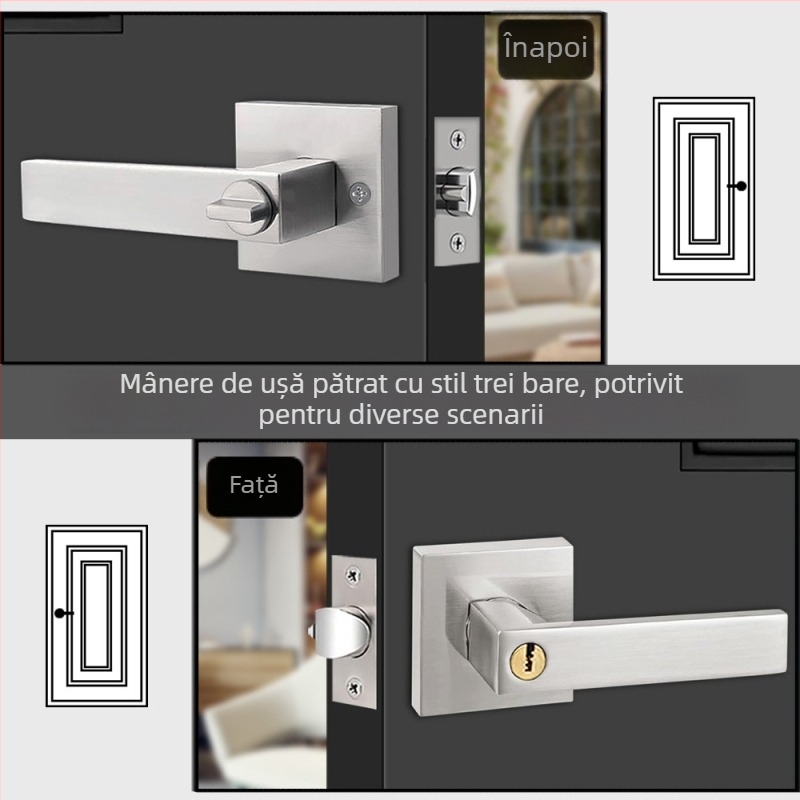 Încuietoare de ușă cu mâner din aliaj de aluminiu – capac pătrat, construcție robustă, încuietoare cu trei poli, pentru ușile de la dormitor și baie