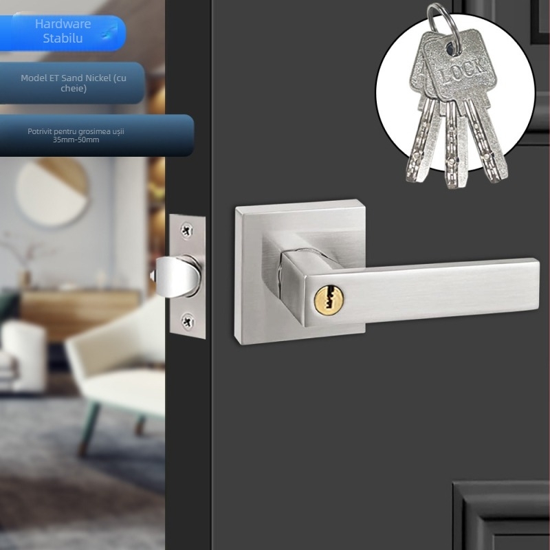 Încuietoare de ușă cu mâner din aliaj de aluminiu – capac pătrat, construcție robustă, încuietoare cu trei poli, pentru ușile de la dormitor și baie