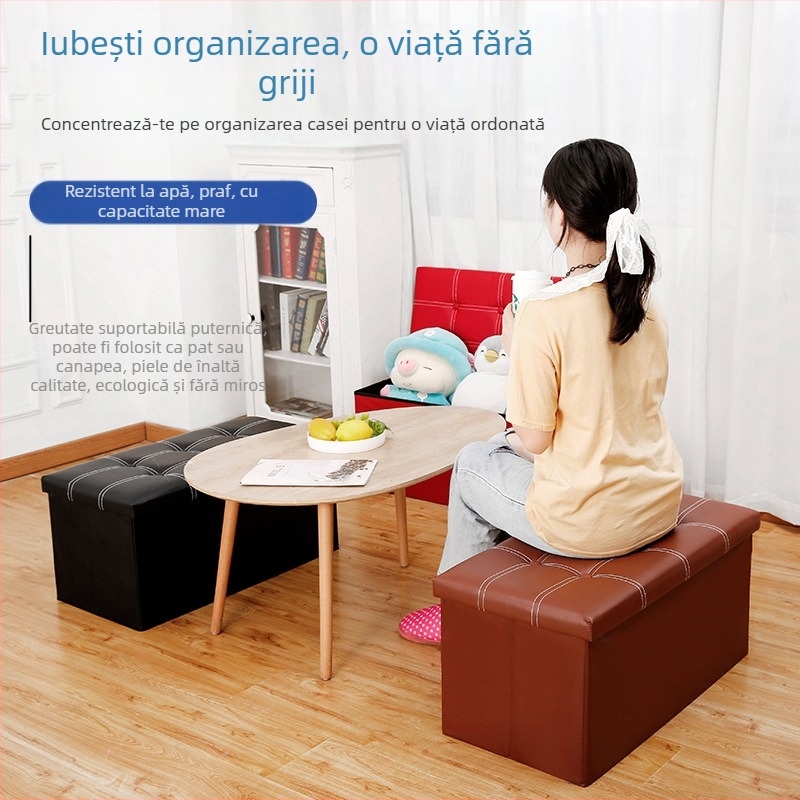Taburet de depozitare din piele, pliabil, dreptunghiular, capacitate 110 L, încărcare 150 kg