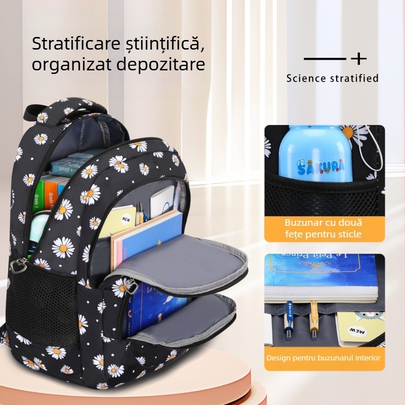Set trei piese ghiozdane pentru școală, cu model crizantemă, rucsac Oxford, capacitate mare, unisex, pentru elevii clasei a 5-a–a 6-a, stil modern