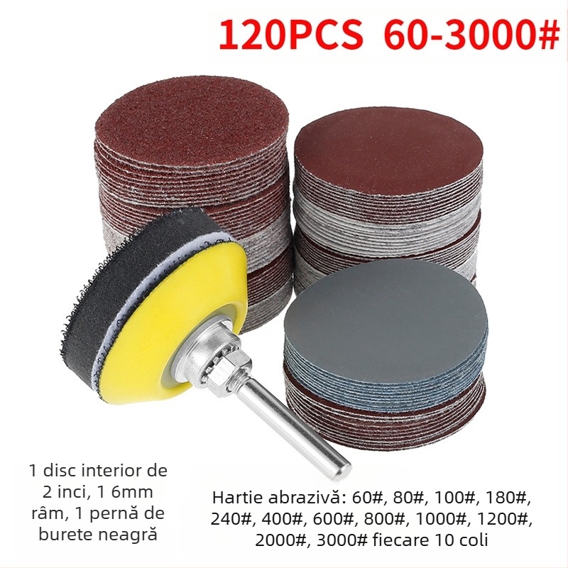 Set discuri șmirghel cu suport velur, autoadeziv, aluminiu oxid, pentru șlefuire și lustruire, lemn/metal/industrial