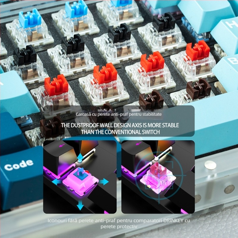 Comutator mecanic pentru tastatură, linier, hot-swappable, iluminare RGB, compatibil până la 87 taste