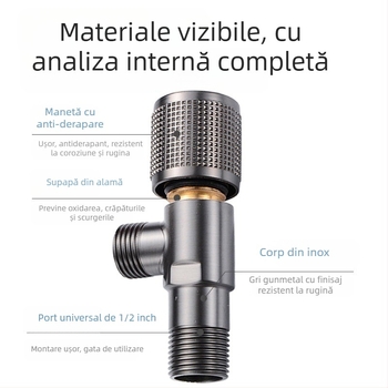 Ventil unghiular din oțel inoxidabil, cu miez de cupru, model 111, instalare încastrată, pentru baie, boiler și toaletă
