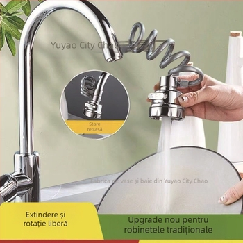 Robinet universal de bucătărie cu extensie, jet reglabil în trei trepte, flux presurizat, rotire la 360°, anti-stropire (miez ceramic al valvei; ABS; instalație spirală; conexiune unică; finisaj electroplating)