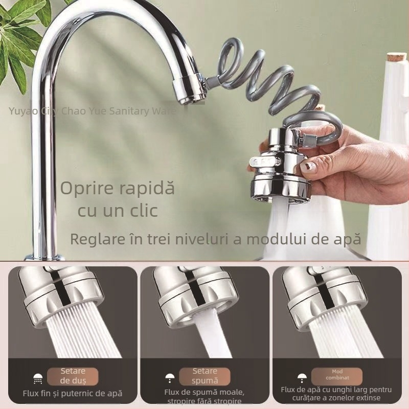 Robinet universal de bucătărie cu extensie, jet reglabil în trei trepte, flux presurizat, rotire la 360°, anti-stropire (miez ceramic al valvei; ABS; instalație spirală; conexiune unică; finisaj electroplating)