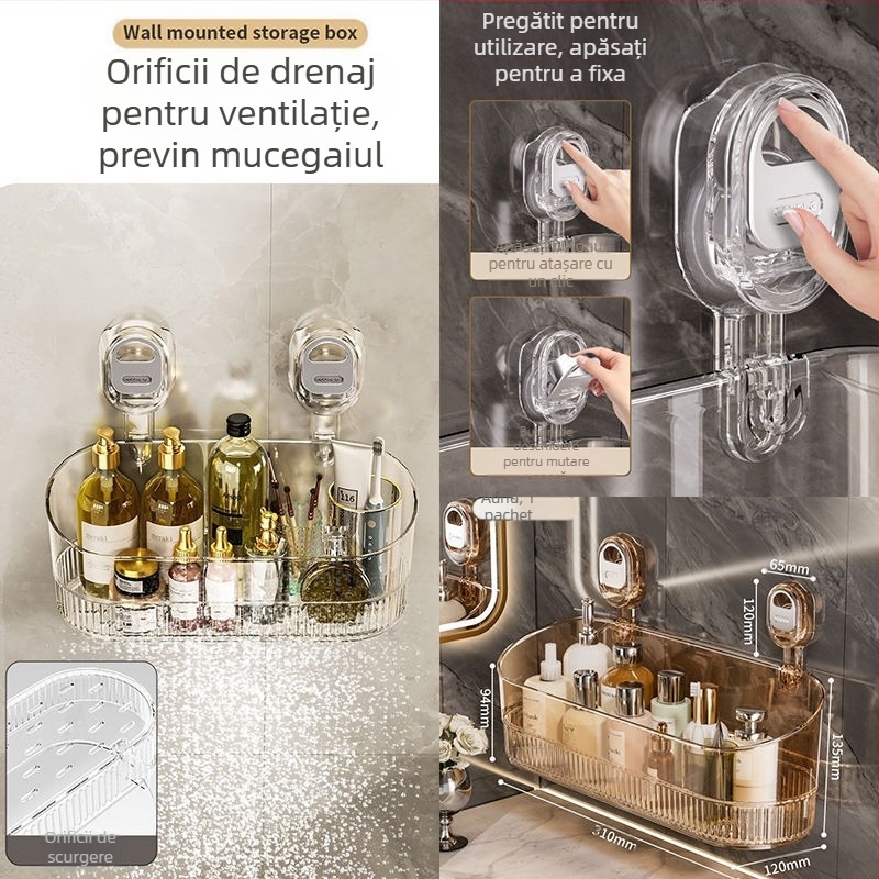 Raft de baie cu ventuză pentru montare pe perete — plastic, stil modern minimalist, lansat în 2024