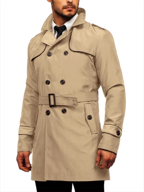 Palton lung în stil britanic, cu nasturi dubli și rever, croială slim cu curea, material exterior: 70% poliester, căptușeală 30% poliester