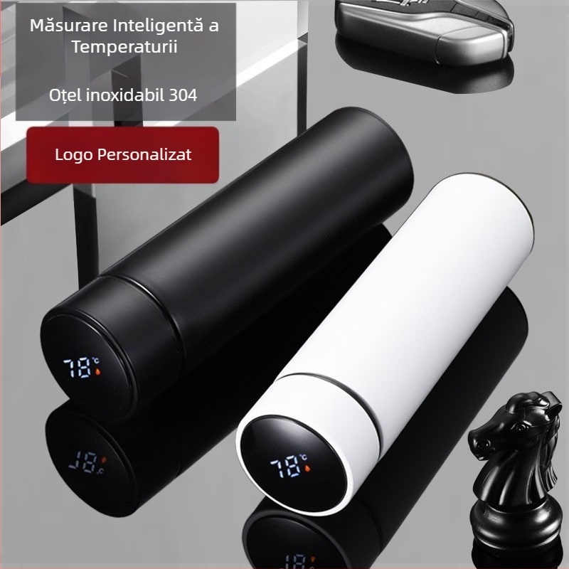 Cana termică cu măsurare inteligentă a temperaturii, interior din oțel inoxidabil 304, exterior din oțel inoxidabil 201, izolație cu vid cu două straturi, infuzor de ceai