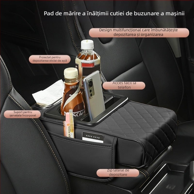 Padă de cotieră din piele pentru mașină cu compartiment pentru șervețele și suport pentru pahar, potrivire universală, brand Huitian (Taizhou, Zhejiang), personalizare disponibilă