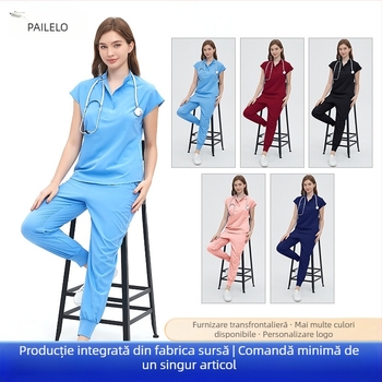 Paiero uniformă medicală unisex, set top cu mânecă scurtă și pantaloni, material care absoarbe umezeala și se usucă rapid (amestec poliester-spandex)