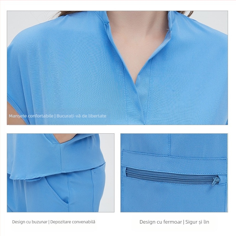 Paiero uniformă medicală unisex, set top cu mânecă scurtă și pantaloni, material care absoarbe umezeala și se usucă rapid (amestec poliester-spandex)