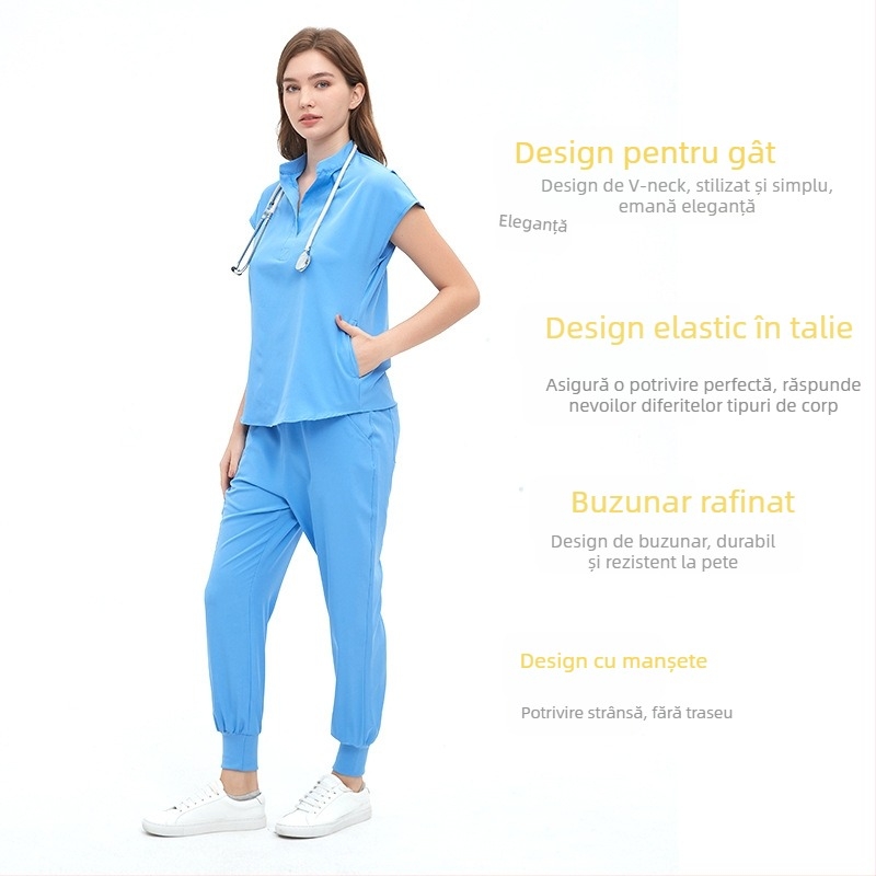 Paiero uniformă medicală unisex, set top cu mânecă scurtă și pantaloni, material care absoarbe umezeala și se usucă rapid (amestec poliester-spandex)