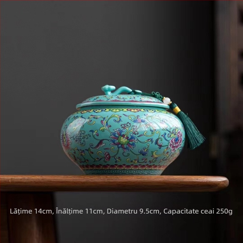 Recipient de ceai ceramic cu finisaj emailat, stil retro, model Ruyi cu lotus, greutate 0,65 kg