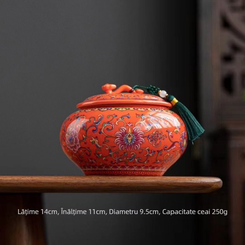 Recipient de ceai ceramic cu finisaj emailat, stil retro, model Ruyi cu lotus, greutate 0,65 kg