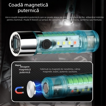 Lanternă LED mini cu inel pentru chei, pentru exterior, impermeabilă, LED+COB, fascicul 10–15 m, autonomie 3 h, baterie 400 mAh