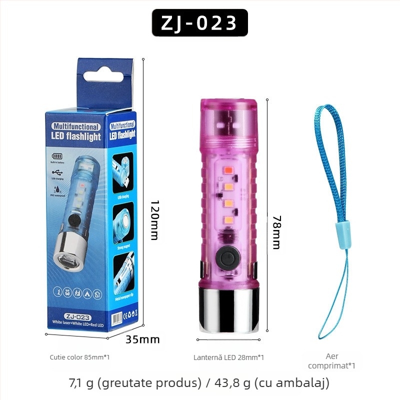 Lanternă LED mini cu inel pentru chei, pentru exterior, impermeabilă, LED+COB, fascicul 10–15 m, autonomie 3 h, baterie 400 mAh