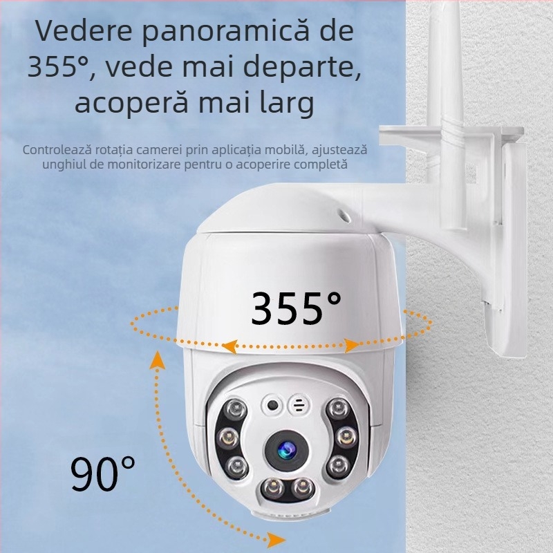 Cameră de securitate wireless pentru interior, 1080p HD, panoramă la 360°, vedere pe timp de noapte, Wi‑Fi și alerte de alarmă.