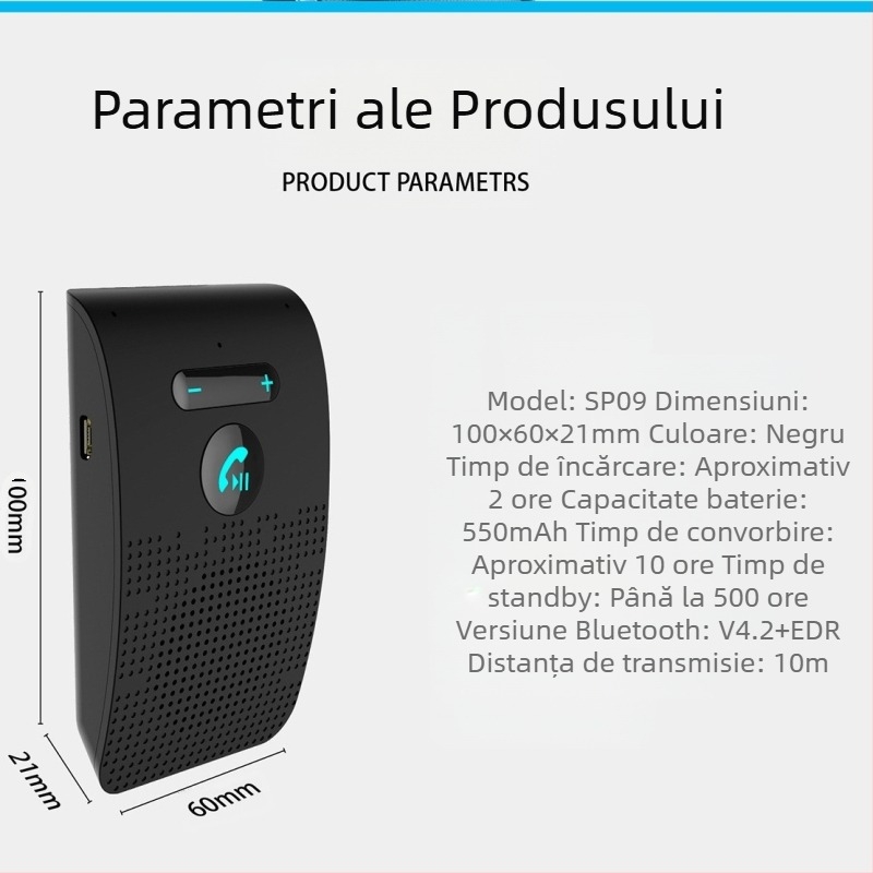 Bluetooth hands-free pentru mașină, corp ABS, montaj în vizieră auto, compatibil cu toate telefoanele