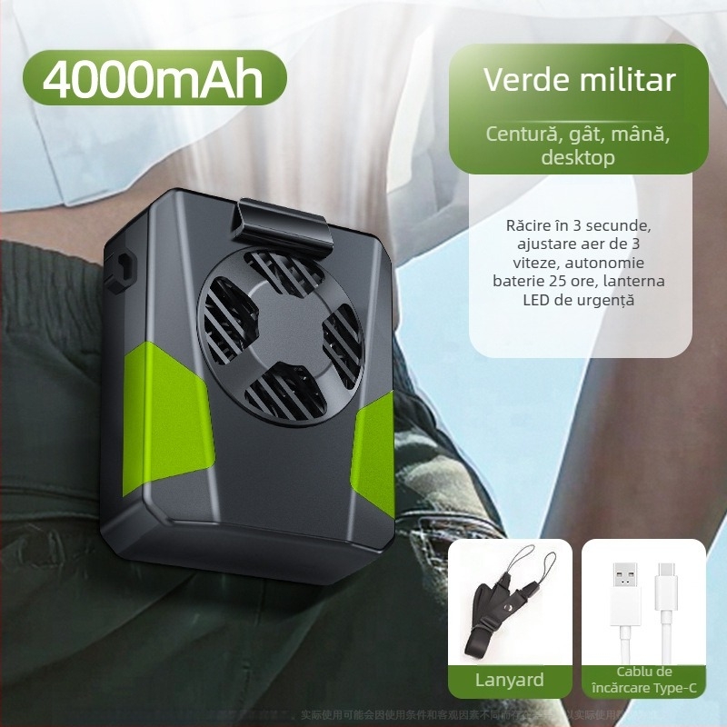 Ventilator de talie pentru sport, alimentare USB, motor fără perii, 3 trepte, zgomot 36–45 dB, 5V 3W, baterie încorporată 2000–4000 mAh