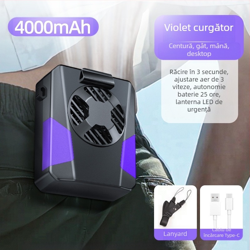 Ventilator de talie pentru sport, alimentare USB, motor fără perii, 3 trepte, zgomot 36–45 dB, 5V 3W, baterie încorporată 2000–4000 mAh