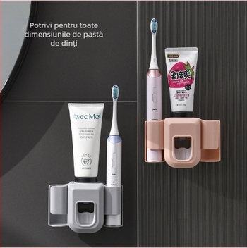 Set montat pe perete, multifuncțional, cu presare automată a pastei de dinți și spațiu de depozitare pentru periuțe, fără găuri de montaj